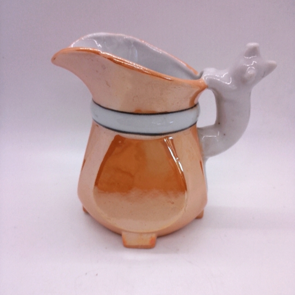 Iridescent Orange and White Squared Pitcher With Cat Handle